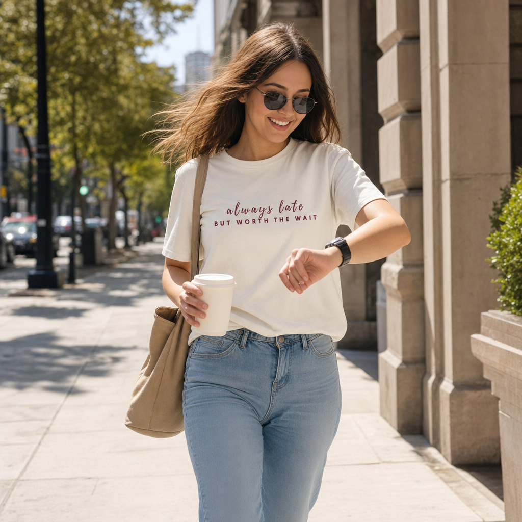 Always Late But Worth The Wait tee lifestyle photo, fullbody walking street