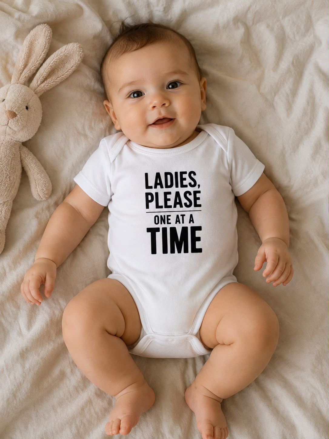 Ladies, Please. One At A Time. baby bodysuit lifestyle photo, black bold text, baby carrier