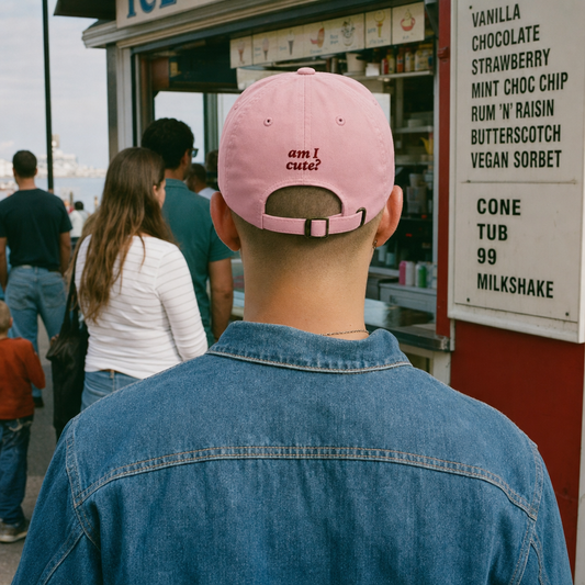 Am I Cute? classic cap in pink, embroidery on the back, worn in an ice-cream queue