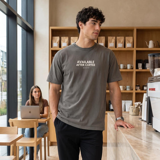 Available After Coffee tee worn in a coffee shop