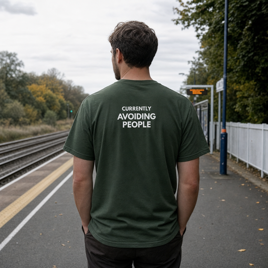Currently Avoiding People tee, back print, on an empty train platform
