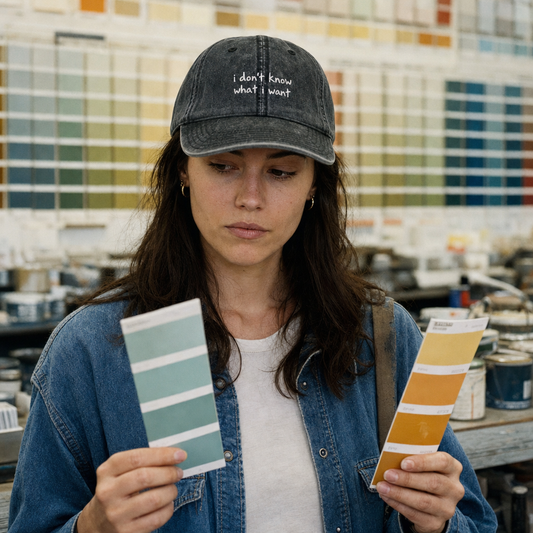 Washed black vintage cap embroidered “i don’t know what i want” in white, worn at a paint counter