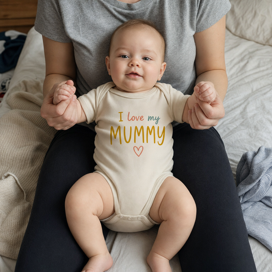 I Love My Mummy Organic Cotton baby bodysuit worn
