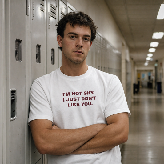 I'm Not Shy I Just Don't Like You tee worn in a locker corridor