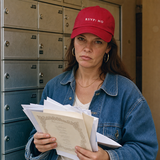 RSVP: No embroidered classic cap in cranberry, worn holding an invitation