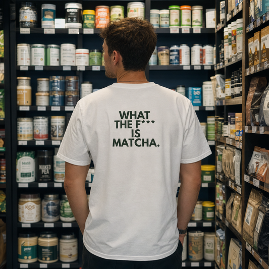 What the F*** is Matcha tee, back print, in a health-food shop