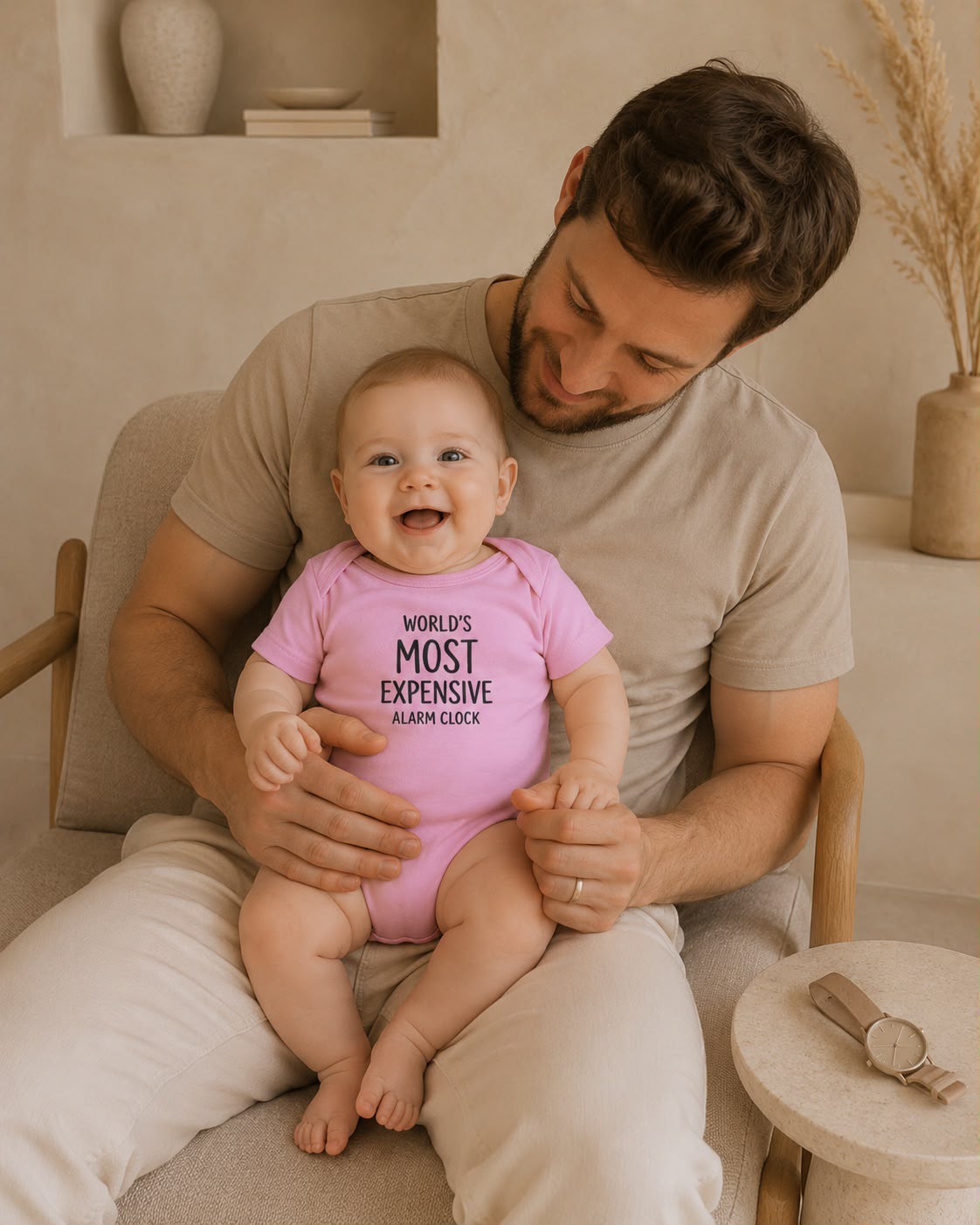 Most Expensive Alarm Clock baby bodysuit lifestyle photo, pink, dad holding baby