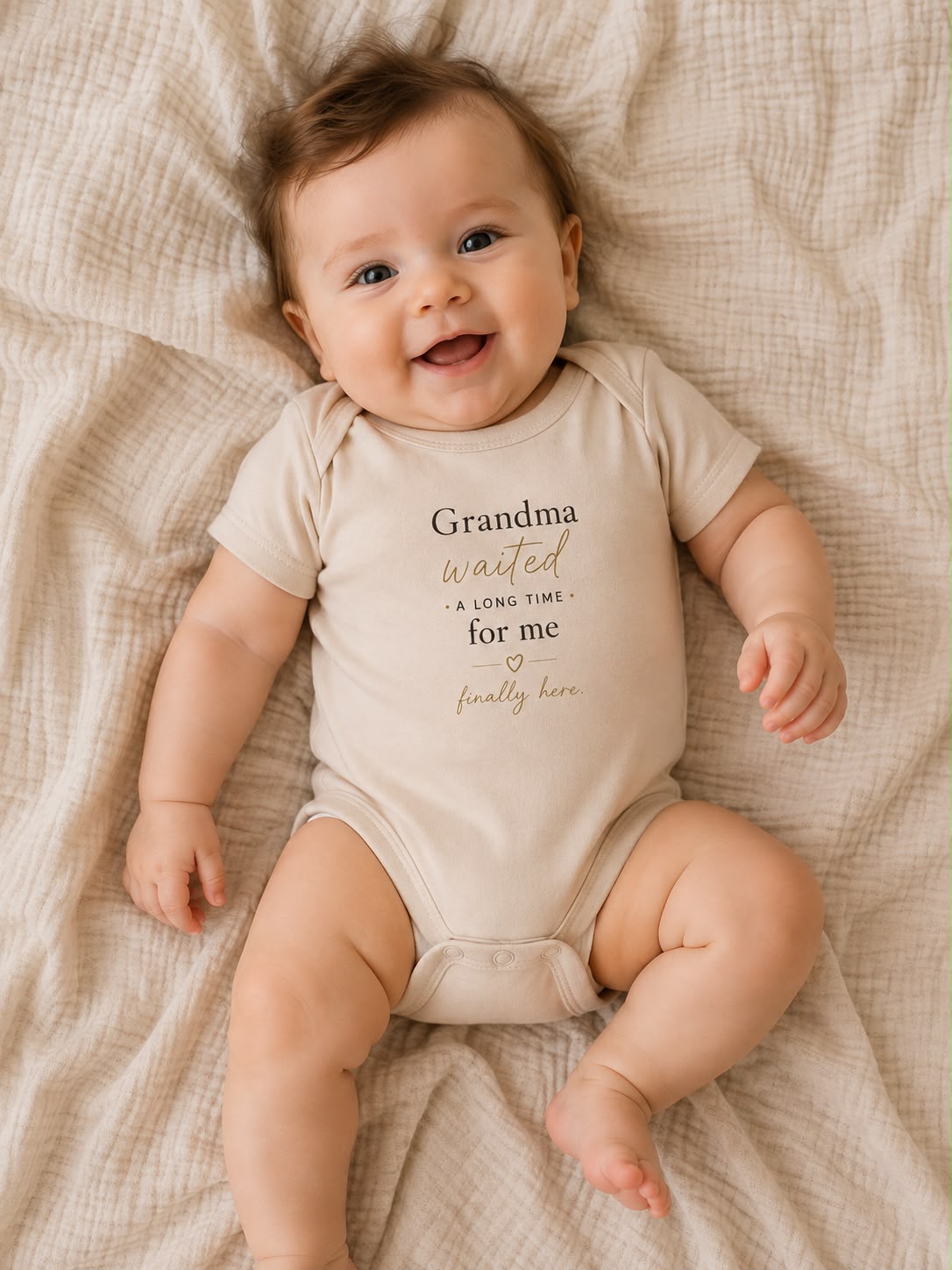 Grandma Waited A Long Time For Me baby bodysuit lifestyle photo, natural, baby on bed