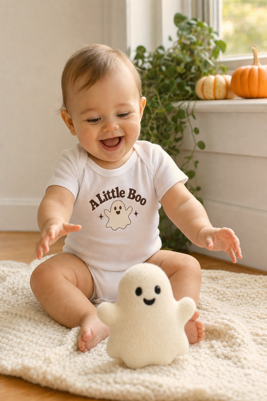 Baby on a blanket by a window wearing the white A Little Boo bodysuit