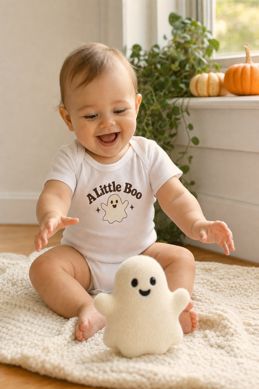 Baby on a blanket by a window wearing the white A Little Boo bodysuit