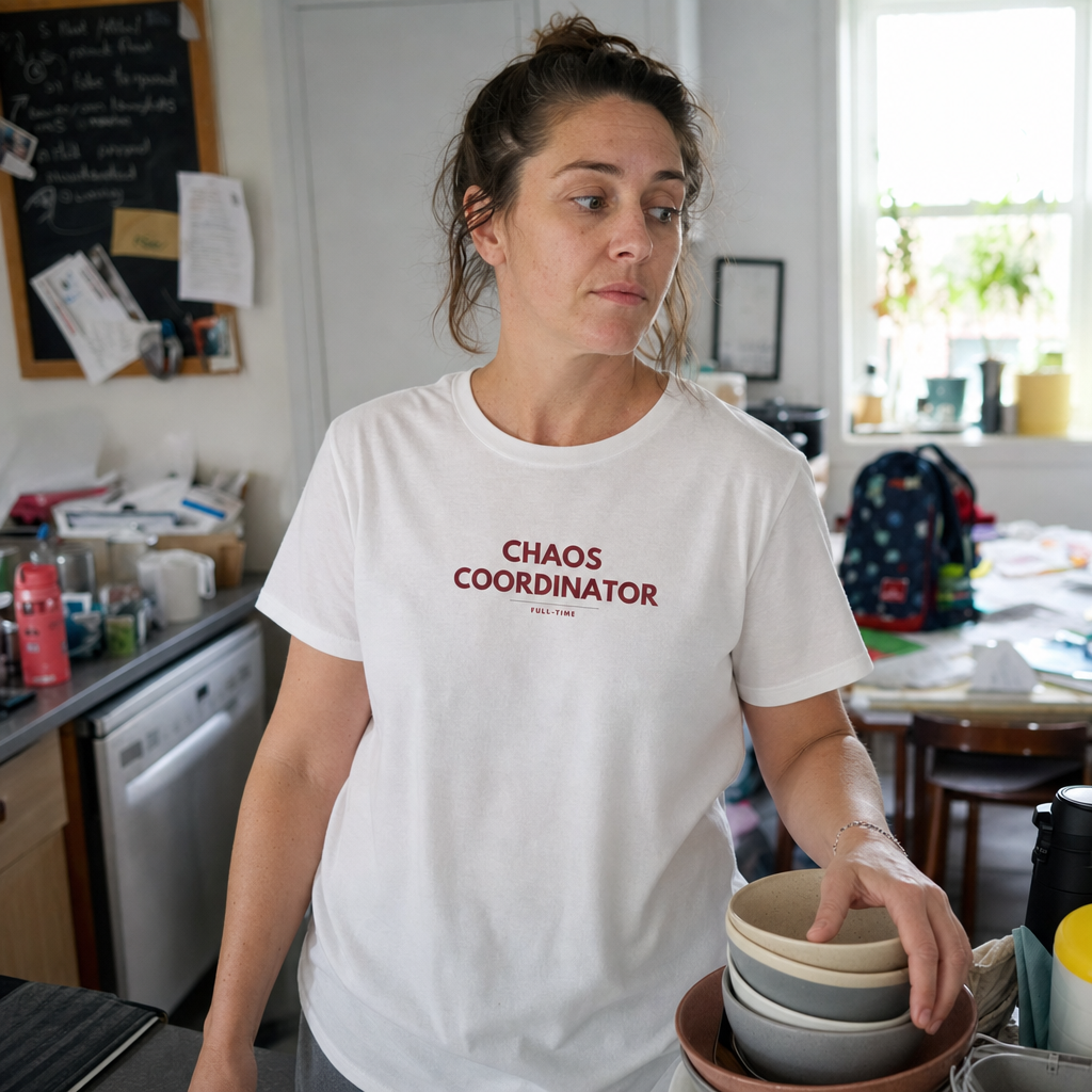 Chaos Coordinator tee worn in a busy kitchen