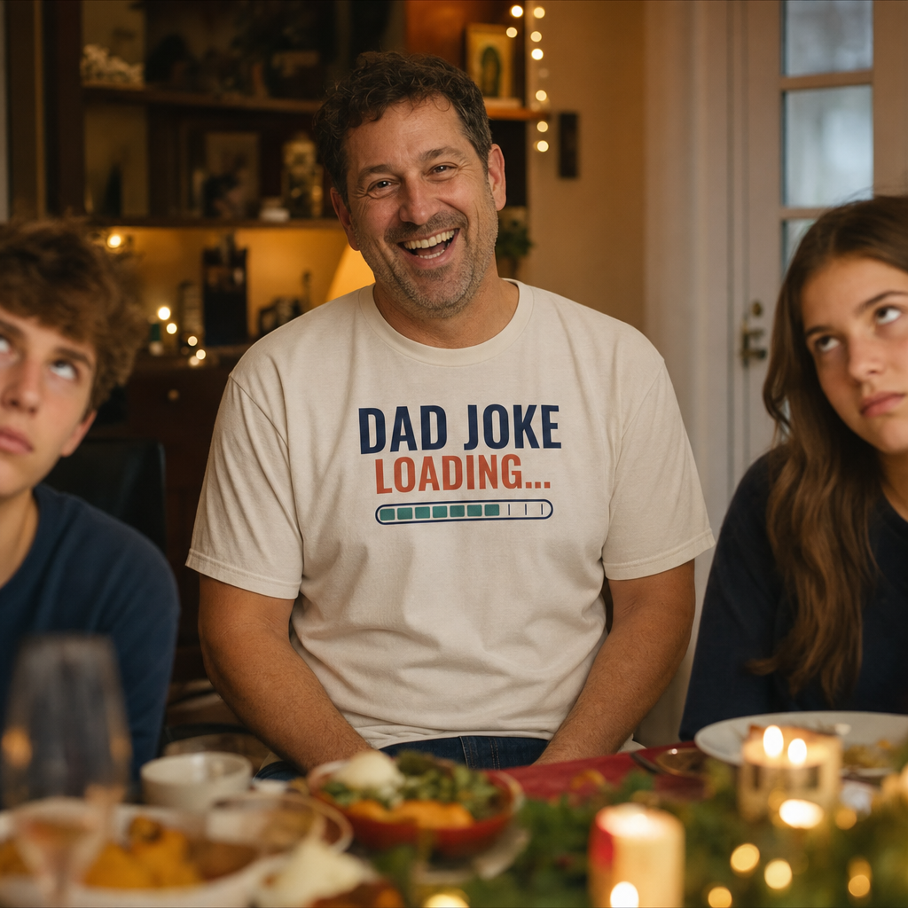 Dad Joke Loading tee worn as a gift, natural