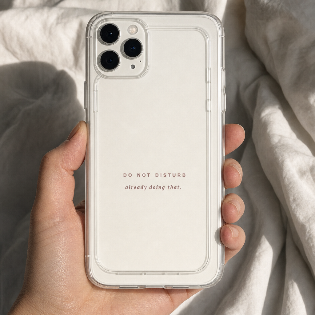 Do not disturb clear iPhone case held in hand