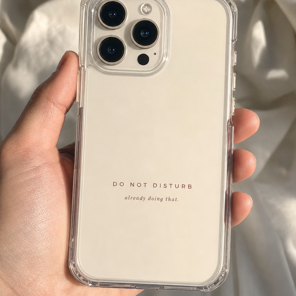 Clear iPhone case printed “Do Not Disturb, already doing that” in dark rose lettering