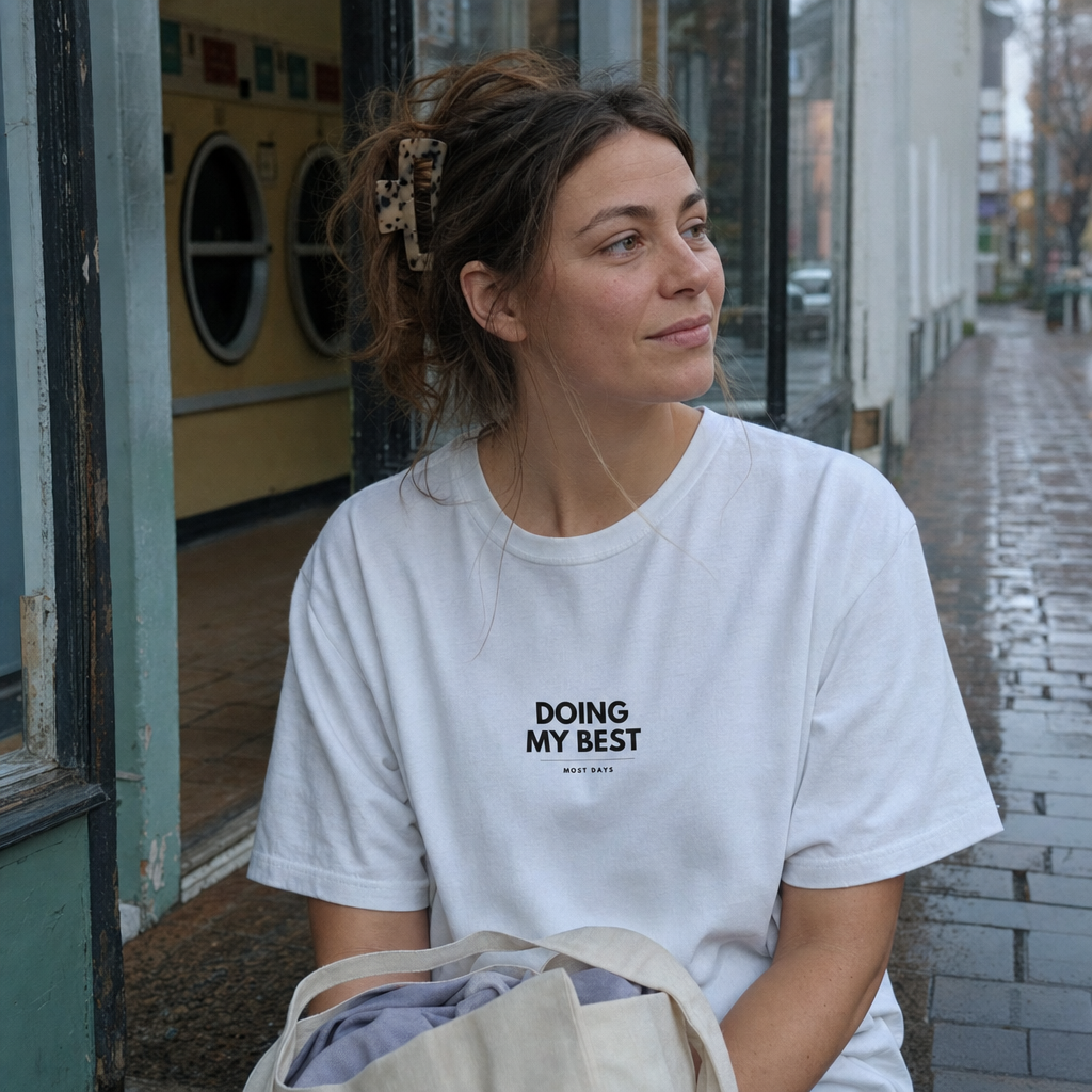 Doing My Best tee worn outside a launderette