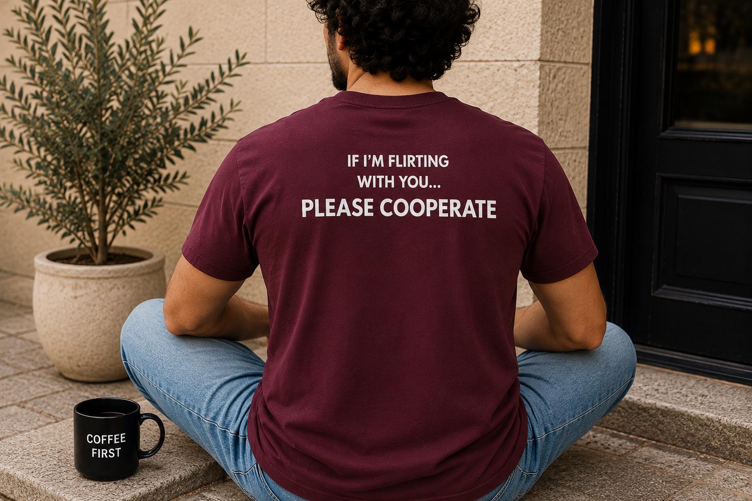 If I'm Flirting With You Please Cooperate tee worn showing the back print