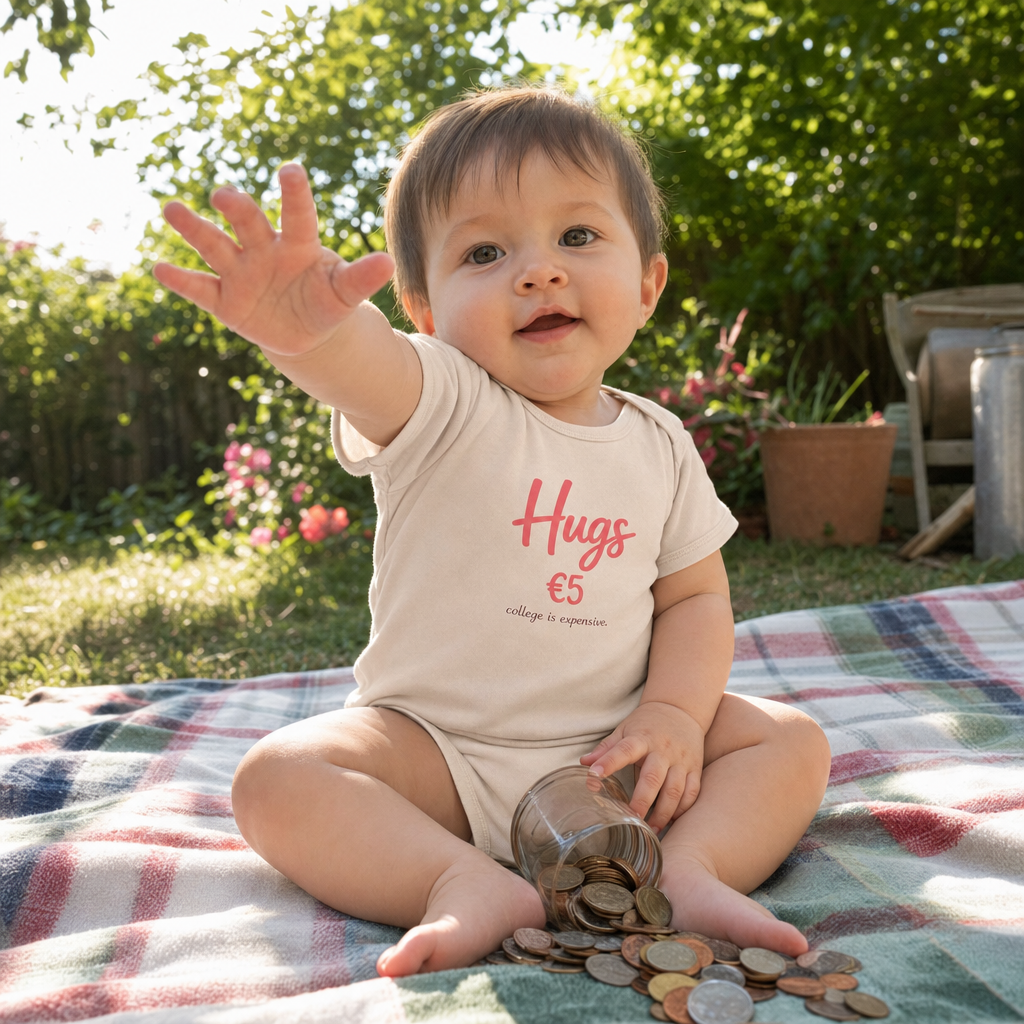 Hugs €5 (College Is Expensive) Organic Cotton baby bodysuit worn