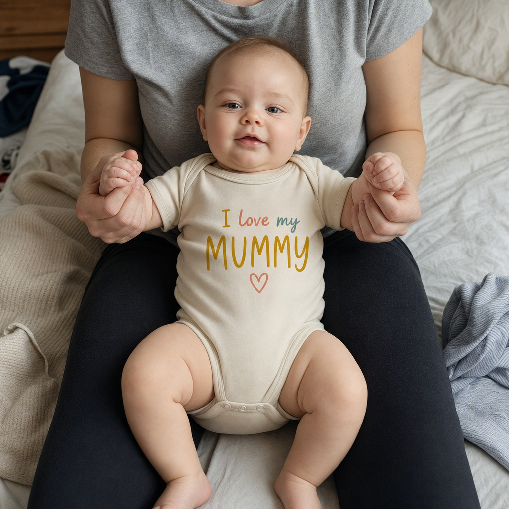 I Love My Mummy Organic Cotton baby bodysuit worn
