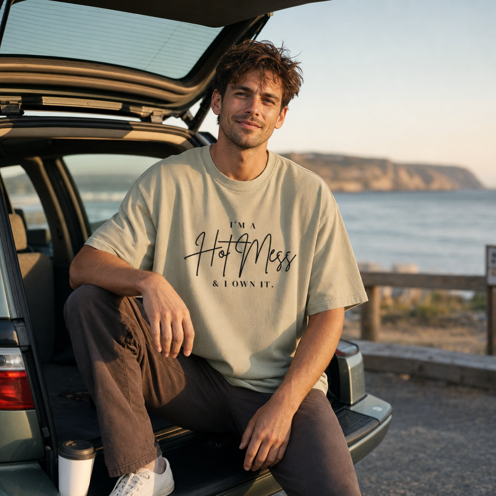 I'm a Hot Mess & I Own It oversized tee worn at a coastal car park