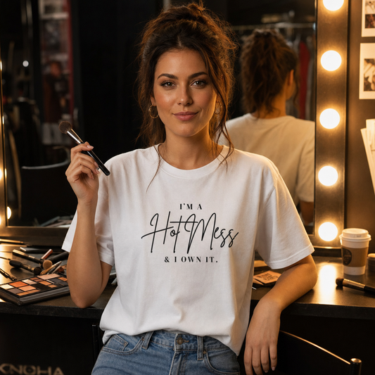 I'm a Hot Mess & I Own It tee worn at a backstage vanity mirror