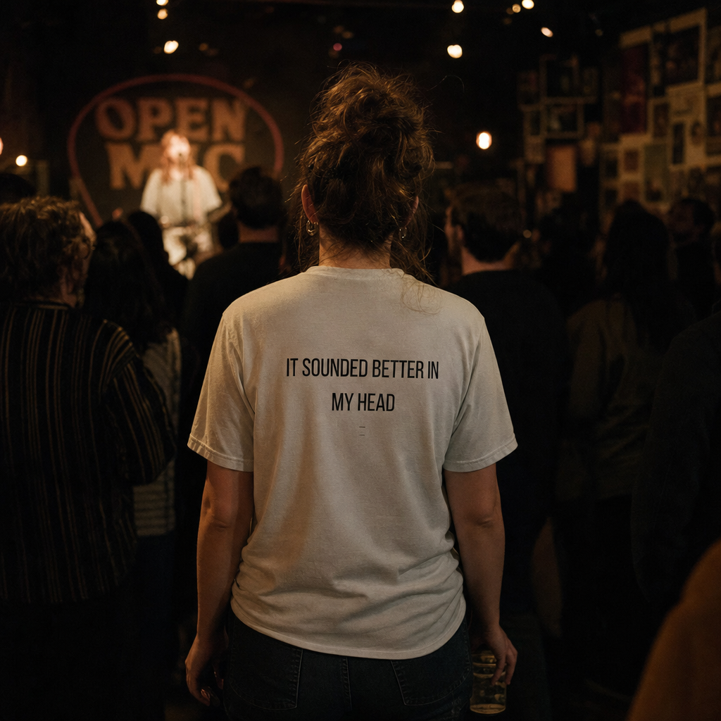 It Sounded Better In My Head tee, back print, at an open-mic night