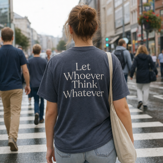 Let Whoever Think Whatever tee, back print, crossing a city street