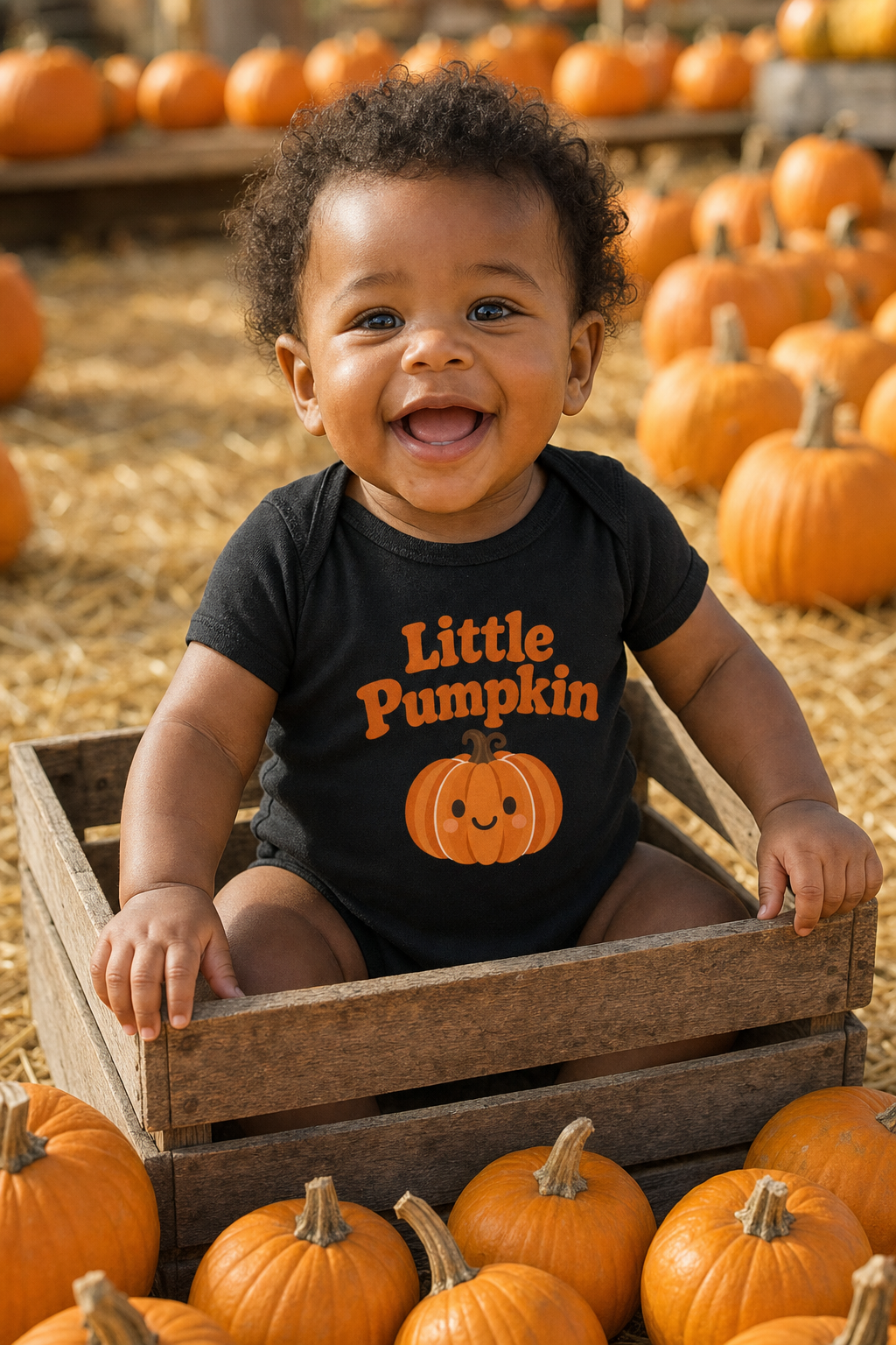 Baby in a crate at a pumpkin patch wearing the black Little Pumpkin bodysuit