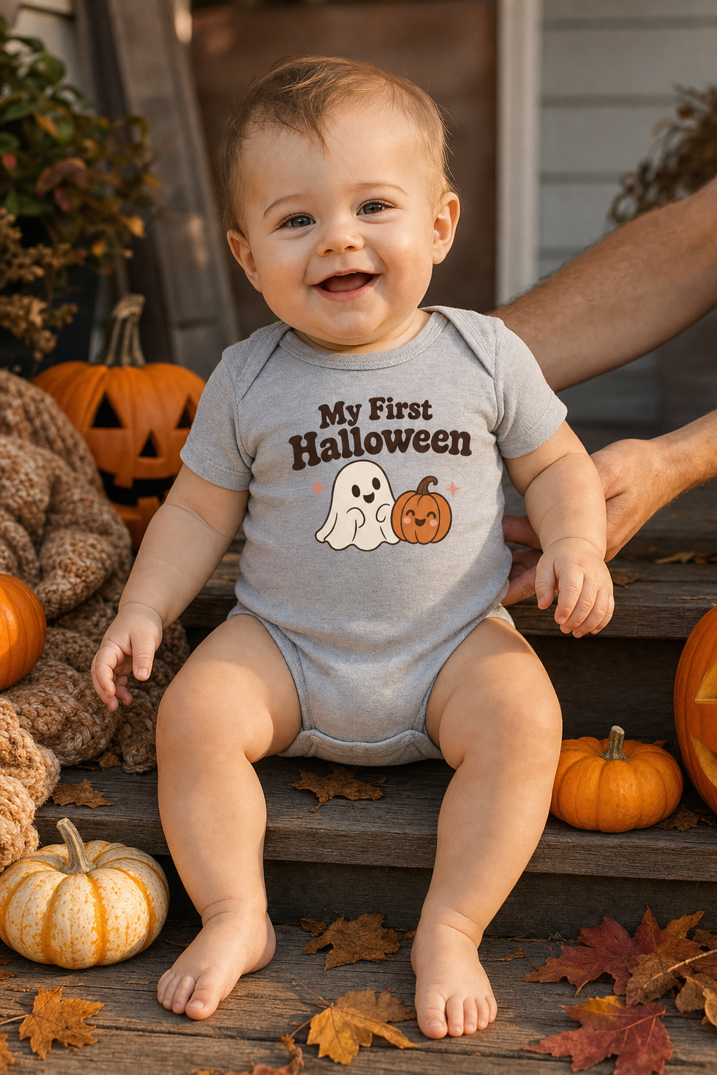Baby on porch steps among pumpkins wearing the heather My First Halloween bodysuit