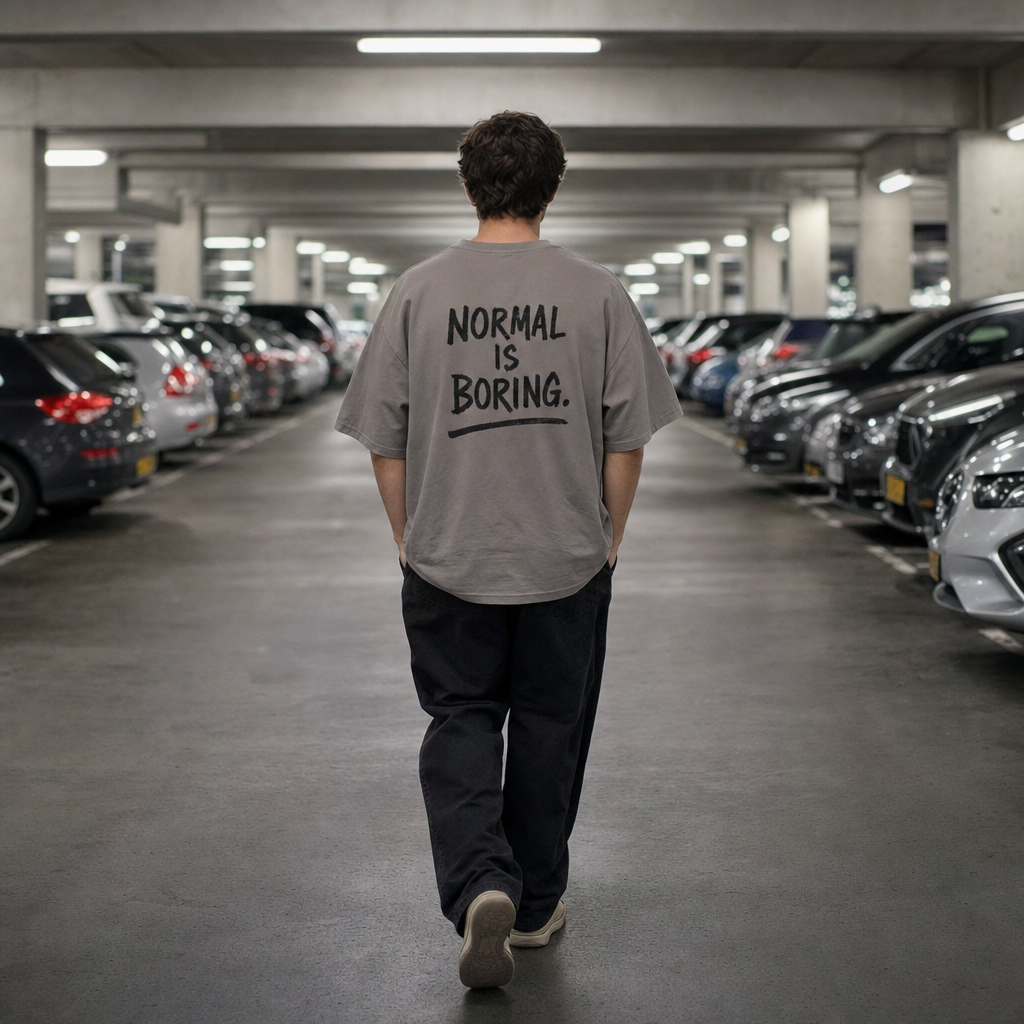 Normal Is Boring oversized tee worn in a multi-storey car park