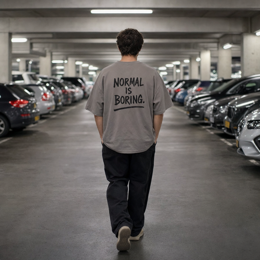 Normal Is Boring oversized tee worn in a multi-storey car park