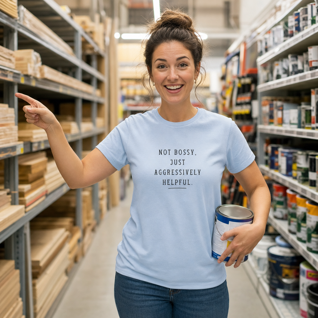 Not Bossy Just Aggressively Helpful tee worn in a hardware shop aisle