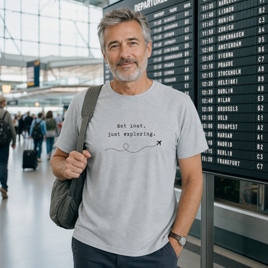 Not Lost Just Exploring tee worn at an airport departures board