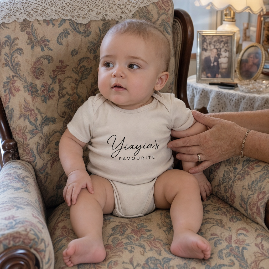 Yiayia's Favourite Organic Cotton baby bodysuit worn