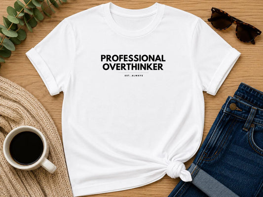 Professional Overthinker tee styled flat with coffee and jeans