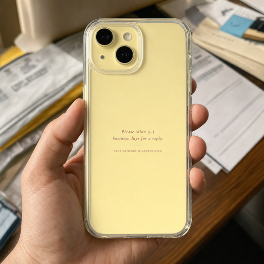 Clear iPhone case printed “Please allow 3-5 business days for a reply” in dark rose lettering