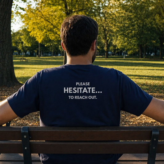 Please Hesitate To Reach Out tee, back print, on a park bench