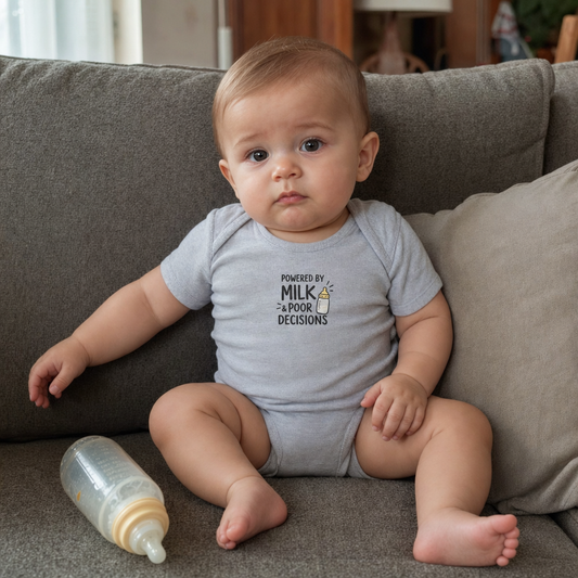 Powered By Milk & Poor Decisions baby bodysuit worn