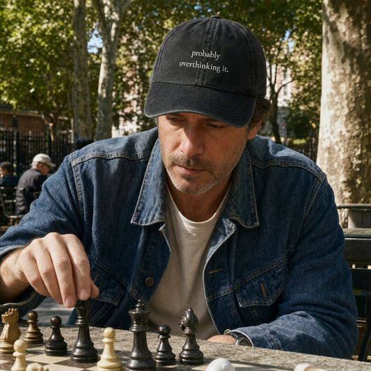 Probably Overthinking It embroidered vintage cap in black, worn at a park chess table