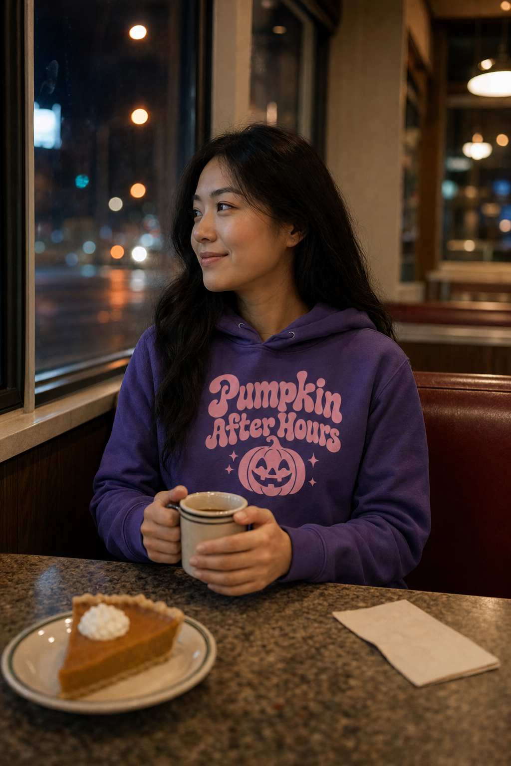 Woman in a late-night diner booth wearing the purple Pumpkin After Hours hoodie