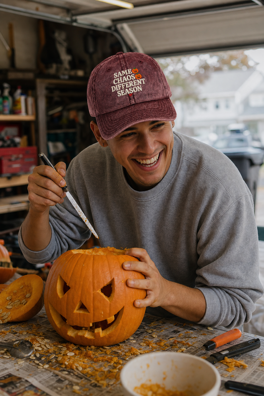 Man carving pumpkins in a garage wearing the maroon Same Chaos Different Season cap