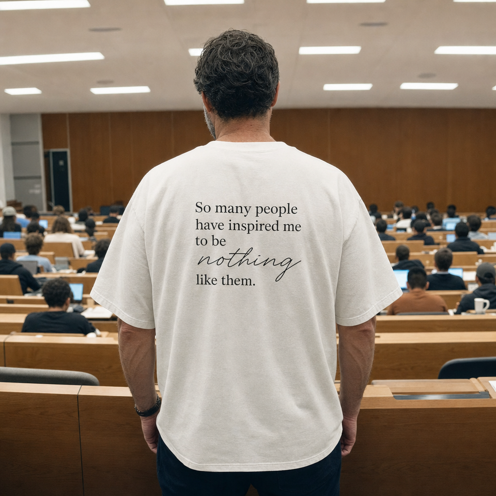 So Many People Have Inspired Me oversized tee worn in a lecture hall