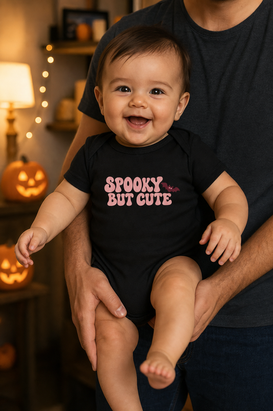 Baby held by a parent in a living room wearing the black Spooky But Cute bodysuit