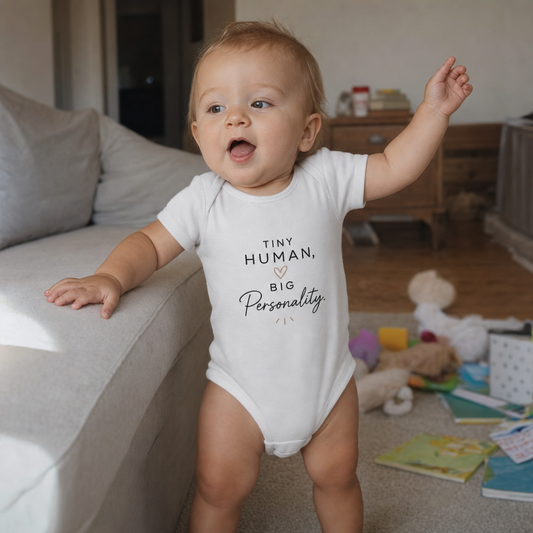 Tiny Human, Big Personality baby bodysuit worn