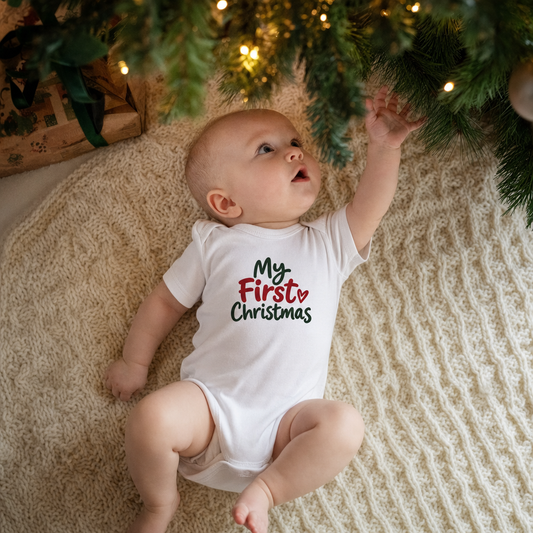 My First Christmas baby bodysuit on a baby under the Christmas tree