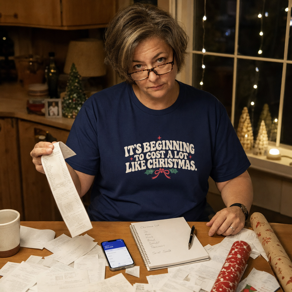 It's Beginning to Cost a Lot Like Christmas tee worn while going through Christmas receipts