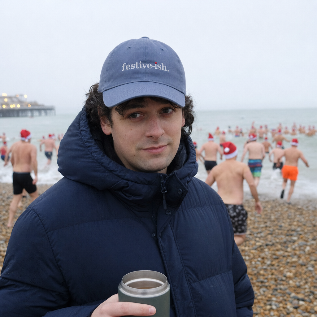 Festive-ish embroidered cap worn at a Christmas Day sea swim