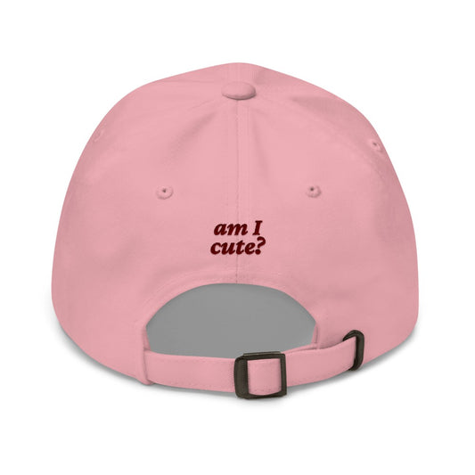 Am I Cute? embroidered classic cap in pink, embroidery on the back