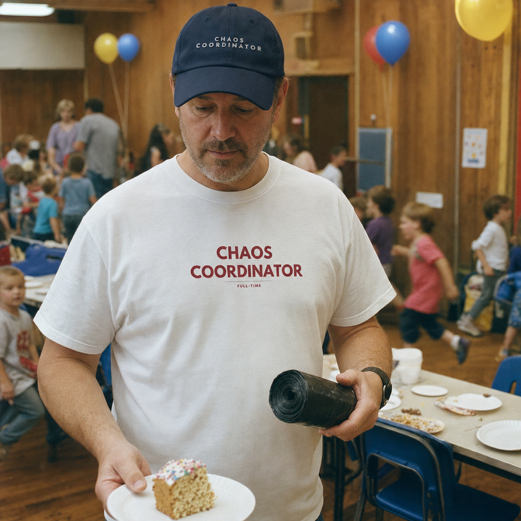 Chaos Coordinator matching set: embroidered classic cap and T-shirt worn together at a kids' birthday party