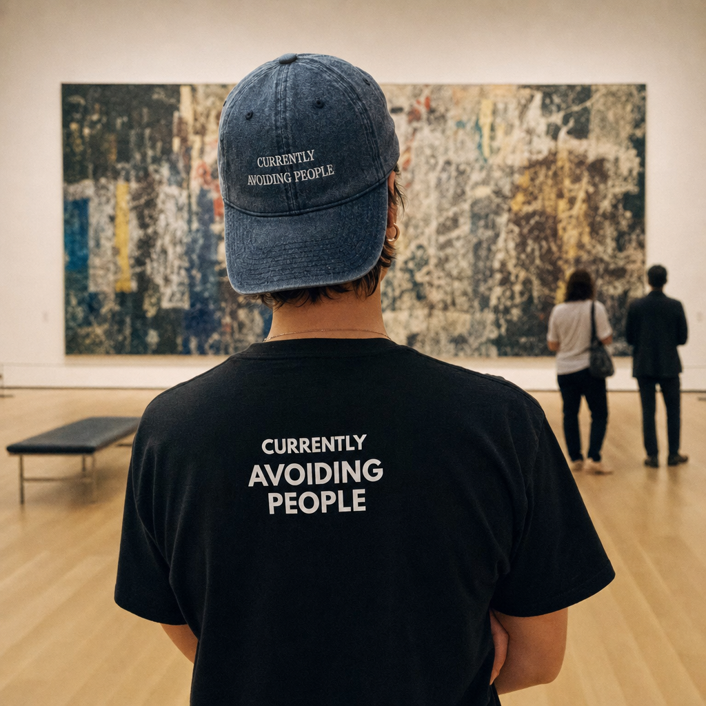 Currently Avoiding People matching set: vintage cap worn backwards with the back-print T-shirt, in a museum gallery